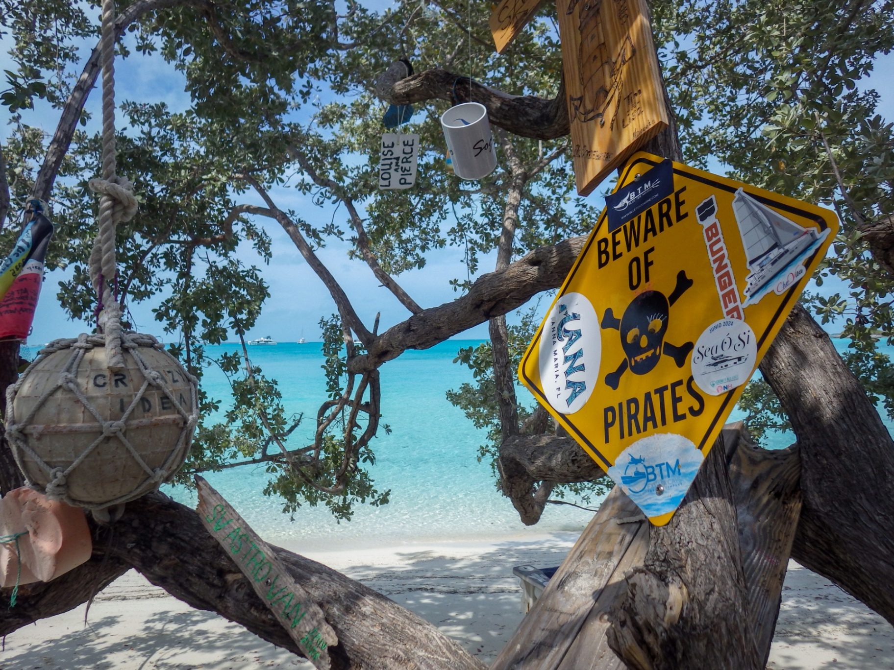 Beach trees decorated with cruiser memorabilia and a Beware of Pirates sign